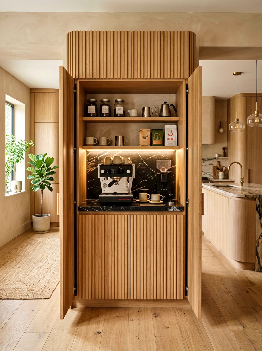 Fluted door coffee station - 30 hidden coffee pantry ideas