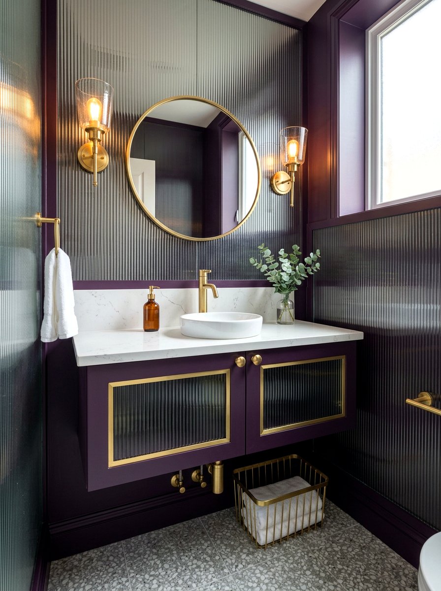 Fluted glass cabinet - 30 aubergine powder room ideas