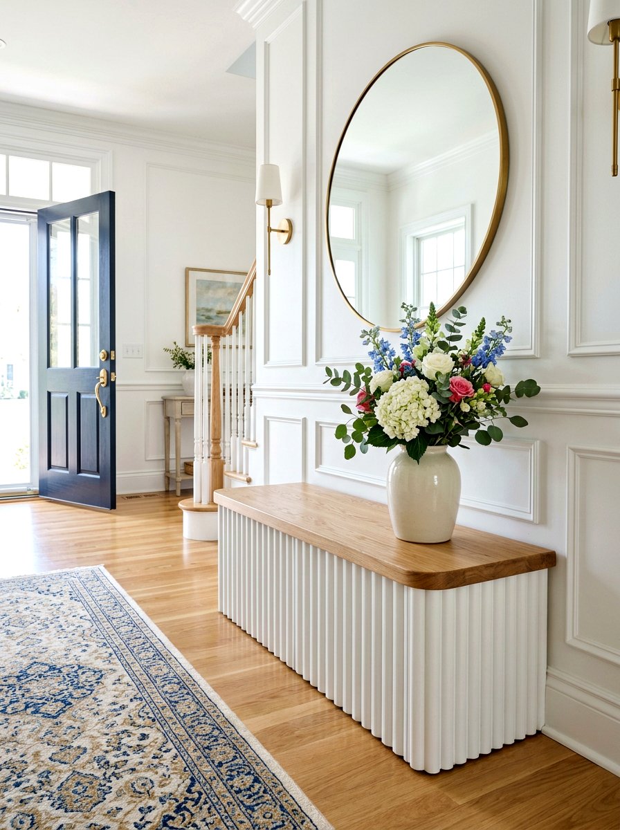 Fluted pedestal foyer bench - 30 sculptural entry bench ideas