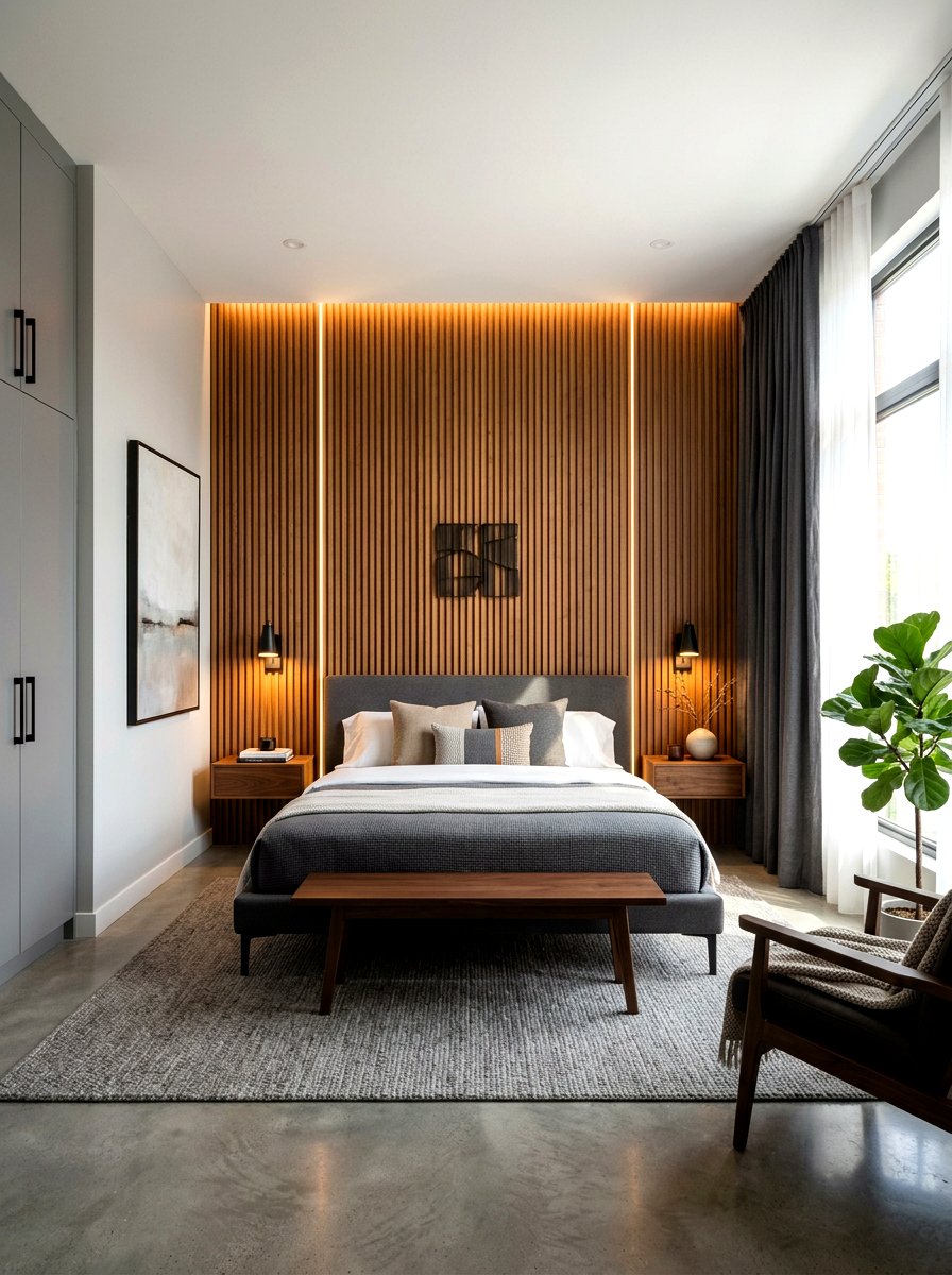 Fluted wood panel - 30 tactile bedroom decor ideas