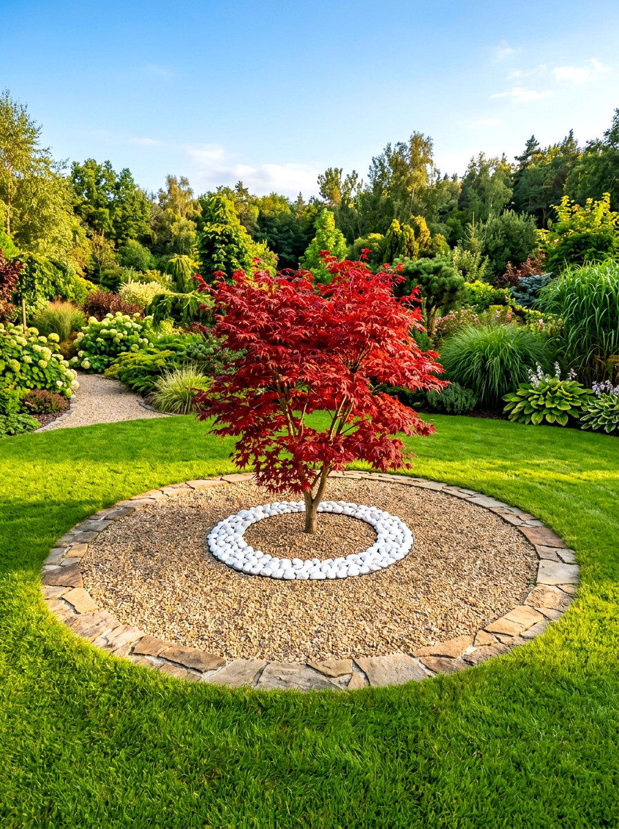 Focal point circular gravel island - 30 gravel border garden ideas