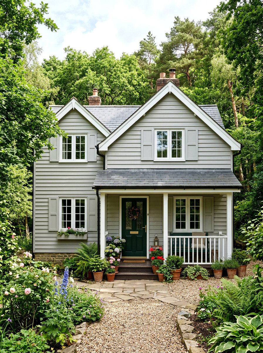 Fog Gray Siding With Dark Green Door - 30 gray house exterior ideas