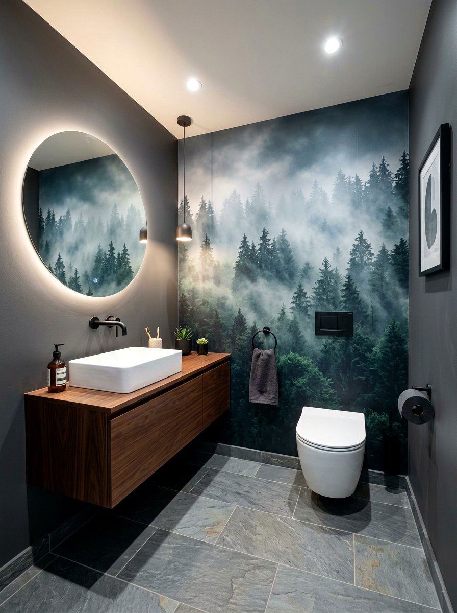Foggy Pine Forest Mural - 30 landscape mural powder room ideas