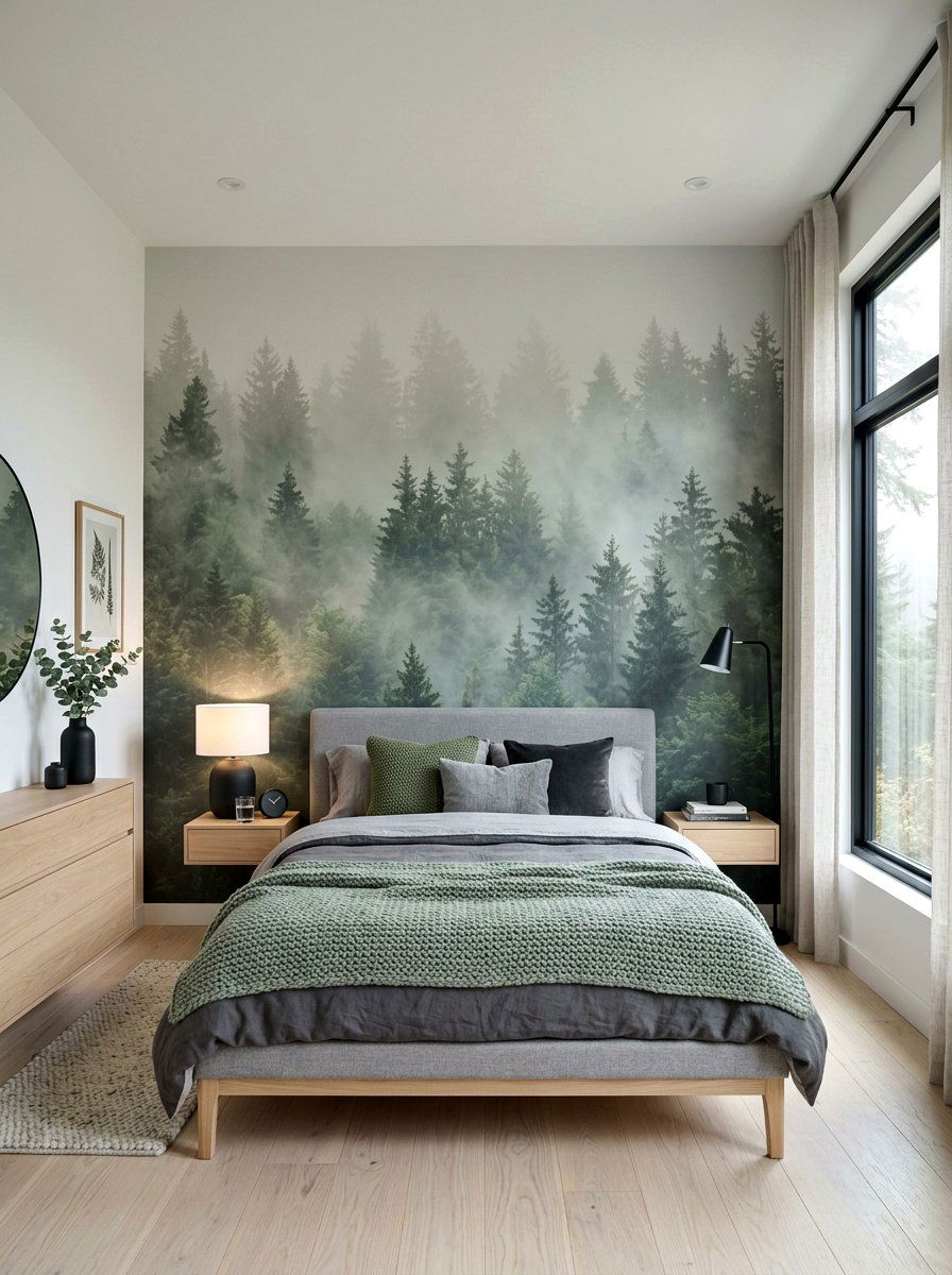 Foggy Pine Tree Mural - 30 mural wallpaper bedroom aesthetic ideas