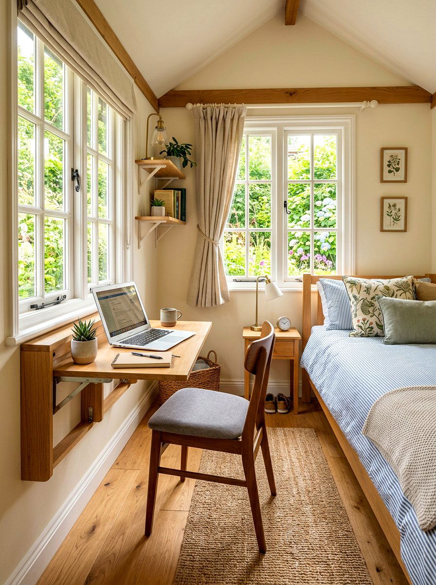 Fold Down Desk - 30 tiny cottage bedroom ideas
