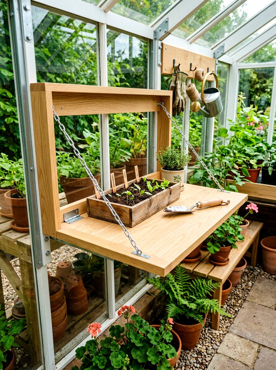 Fold Down Potting Shelf - 30 greenhouse potting area ideas