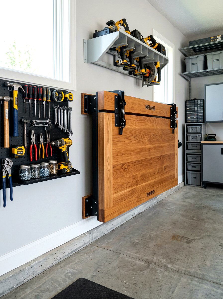 Fold Down Workbench - 30 garage storage ideas
