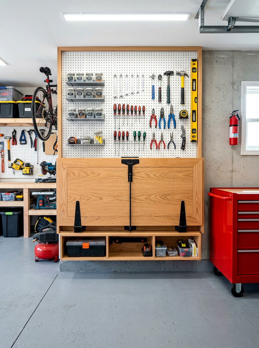 Fold Down Workbench Shelves - 30 garage shelving ideas
