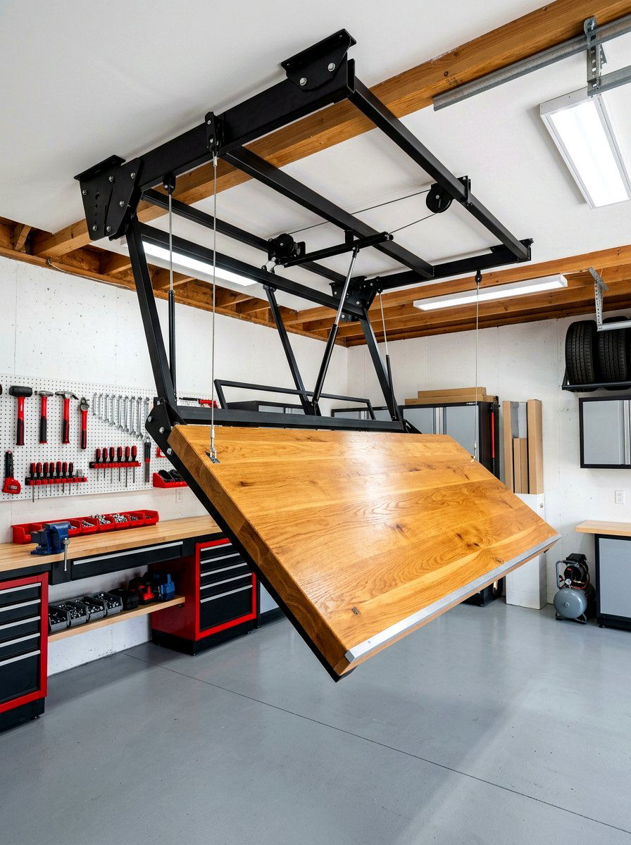 Fold down ceiling workbench - 30 garage ceiling storage ideas
