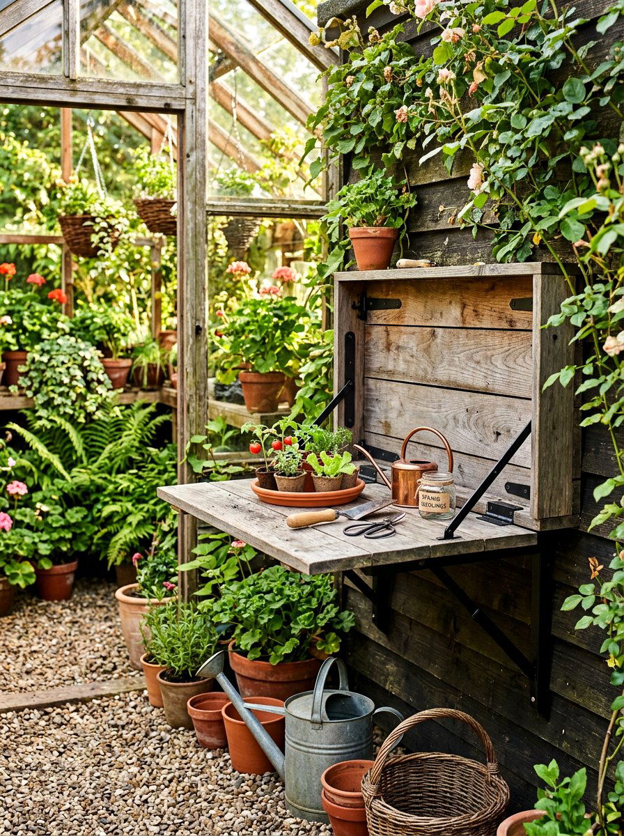 Fold down potting bench - 30 potting table greenhouse ideas