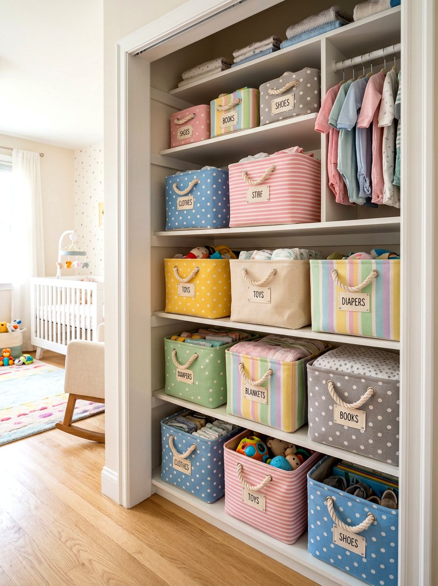 Foldable Fabric Bins - 30 nursery closet organization ideas