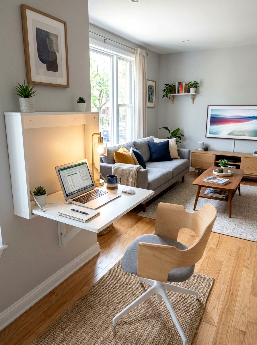 Foldable Wall Desk - 30 small apartment living room ideas