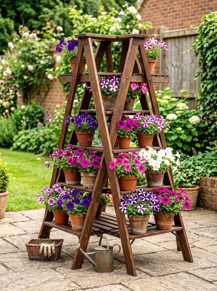 Foldable Wooden Plant Ladder - 30 vertical garden shelf ideas