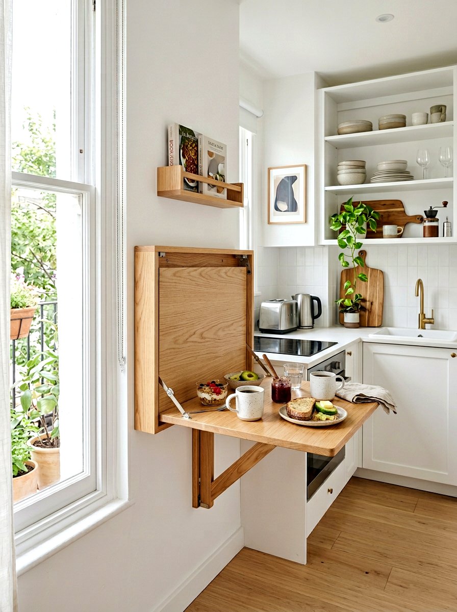 Foldable wall mounted table - 30 apartment kitchen storage ideas