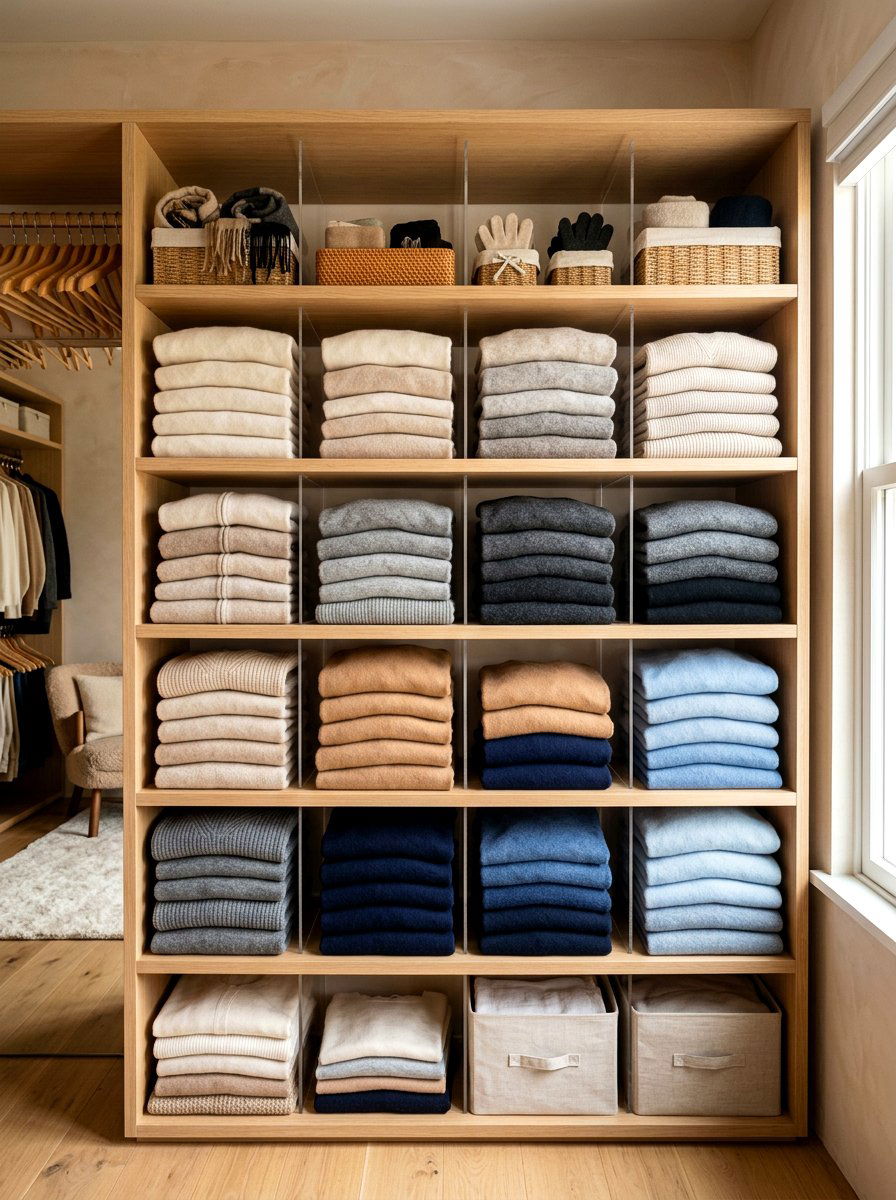 Folded Knitwear Open Shelving - 30 capsule wardrobe closet ideas