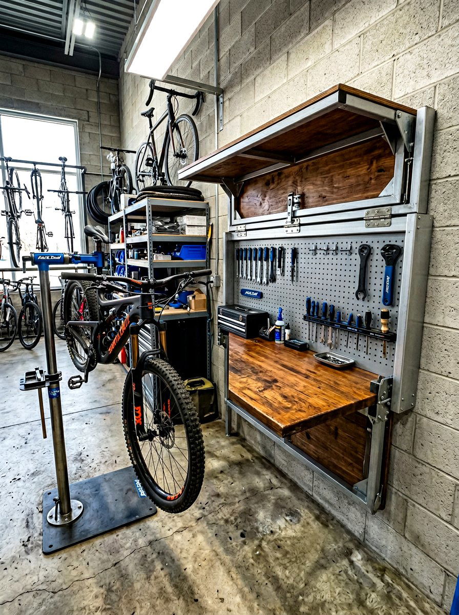 Folding Gear Maintenance Workbench - 30 garage sports equipment storage ideas