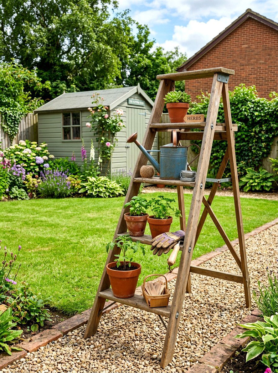 Folding Potting Ladder - 30 repurposed ladder garden ideas