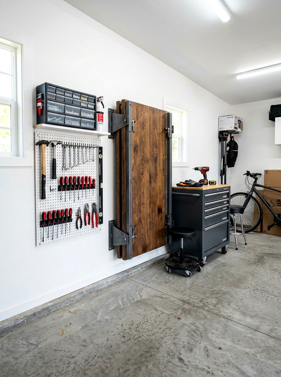 Folding Wall Workbench - 30 small garage ideas