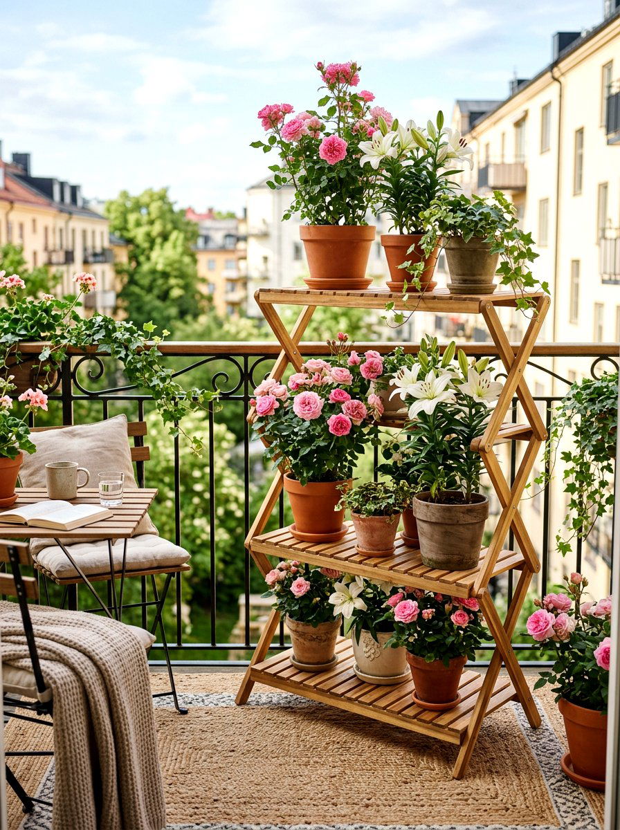 Folding Wooden Slat Stand - 30 container garden stand ideas