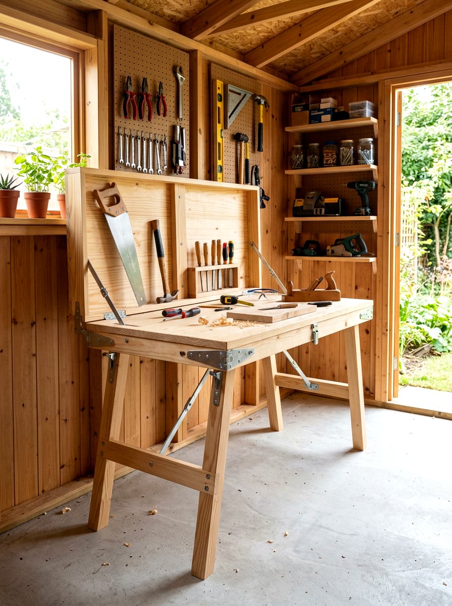 Folding Workbench - 30 garden shed storage ideas