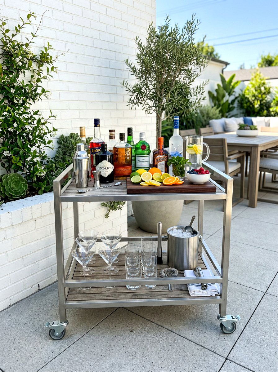 Folding outdoor bar cart - 30 apartment patio entertaining ideas