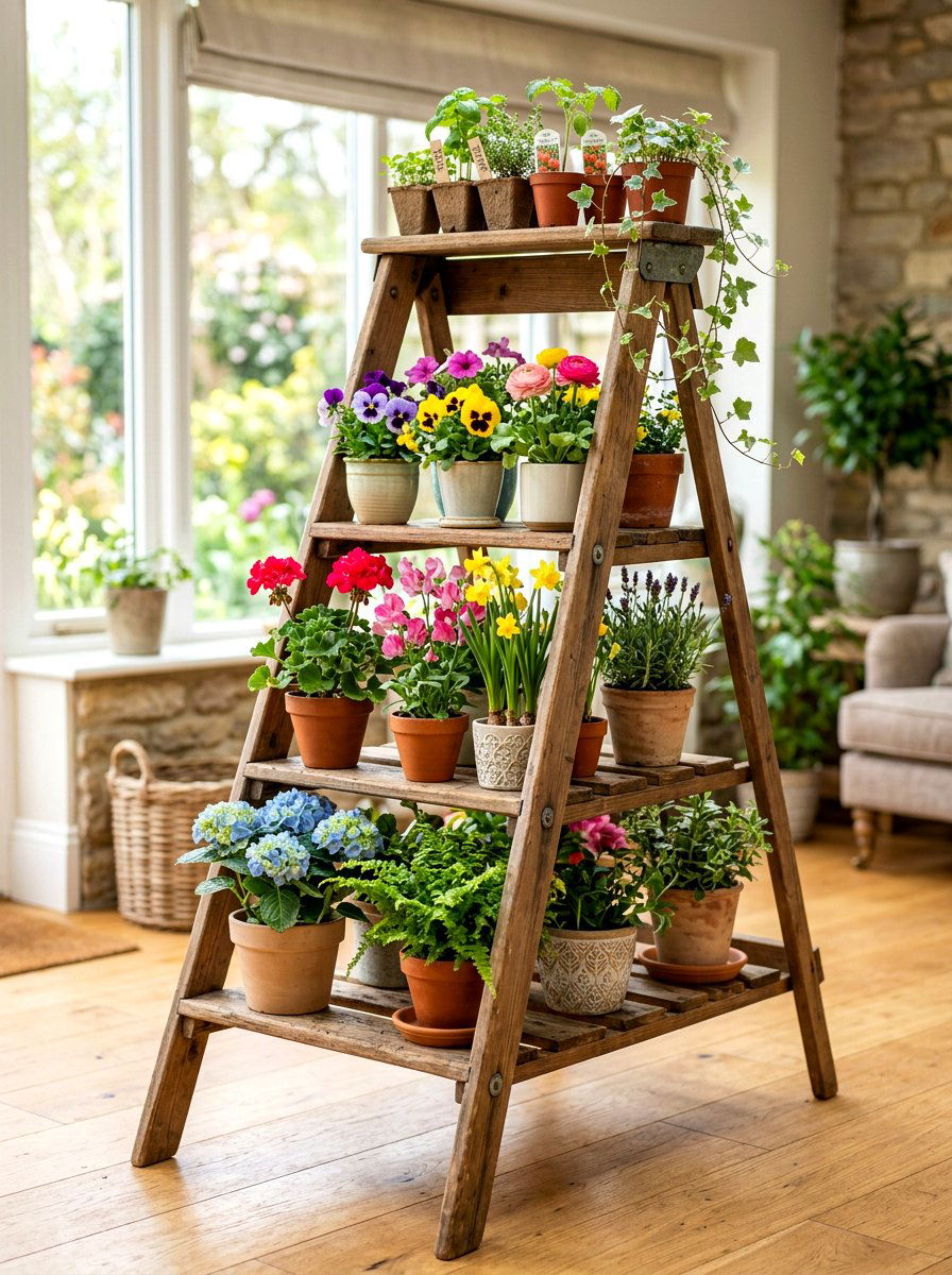 Folding plant ladder - 30 greenhouse shelving ideas