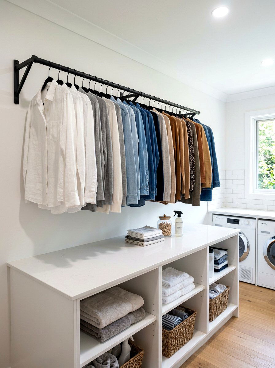 Folding station with hanging rod - 30 laundry room folding station ideas