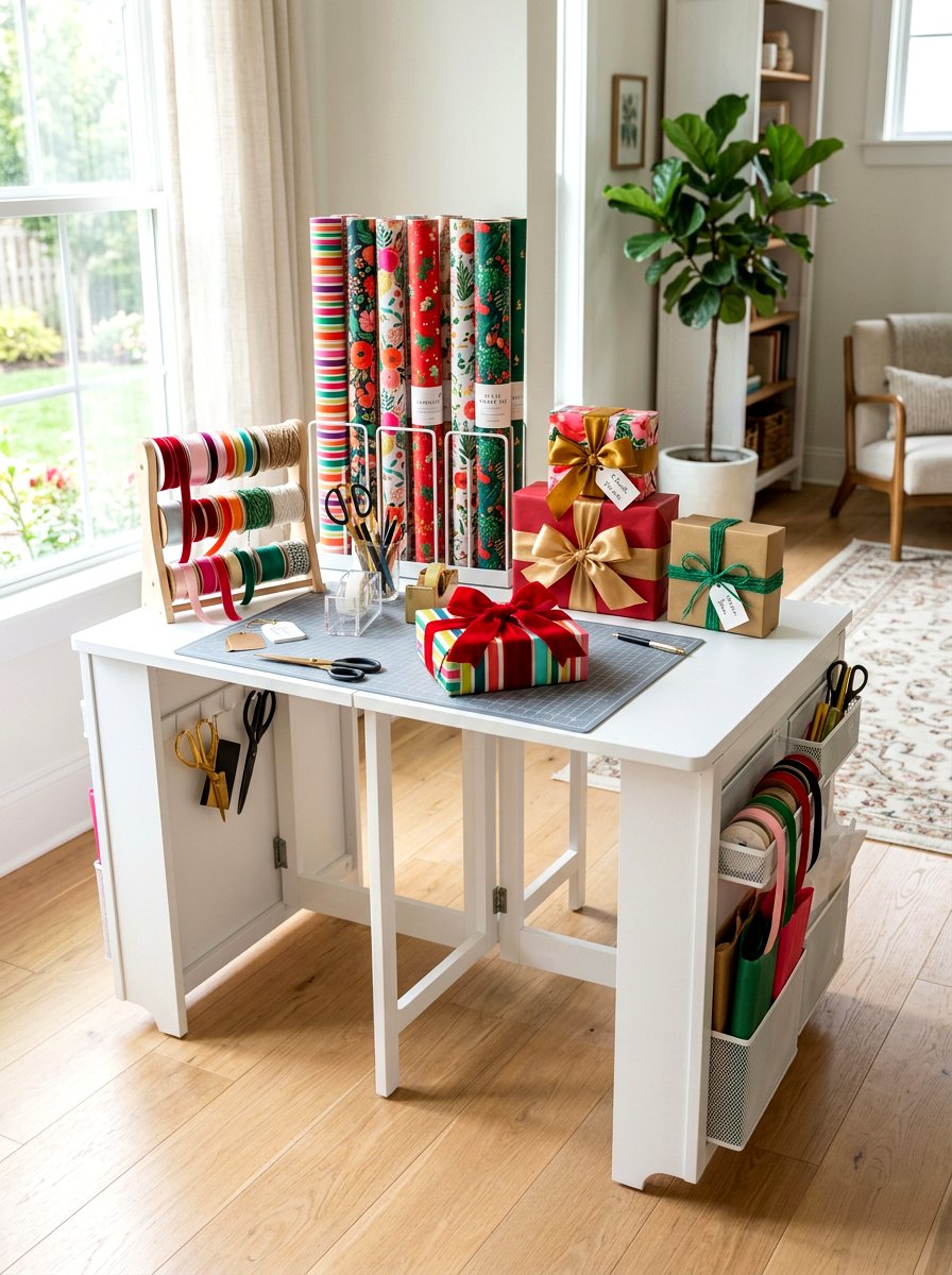 Folding table wrapping paper station - 30 wrapping paper storage ideas