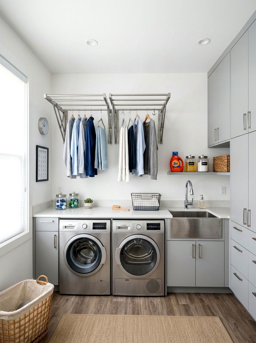 Folding wall laundry hanging system - 30 laundry room hanging rod ideas