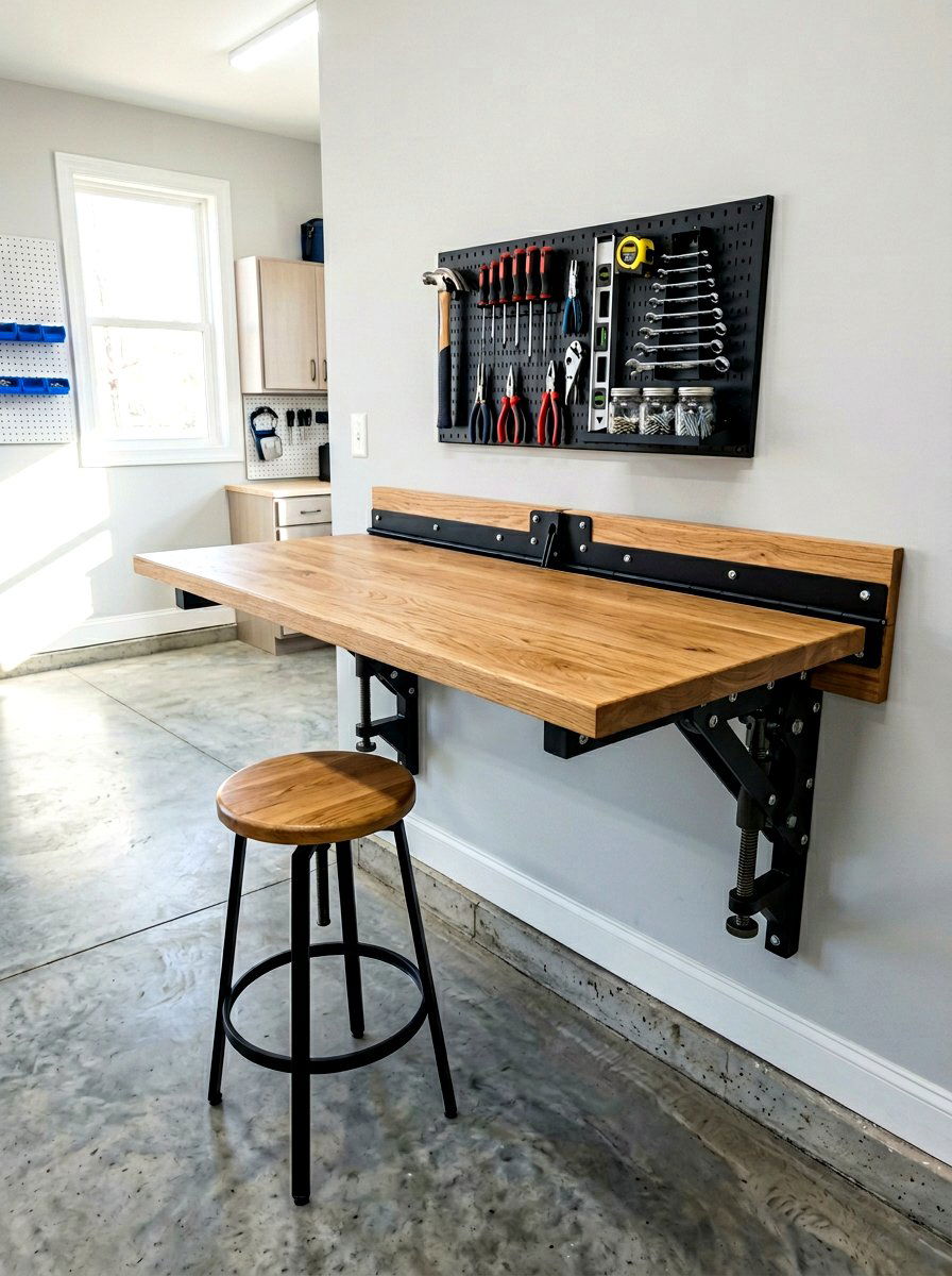 Folding wall mounted workbench - 30 garage wall storage ideas