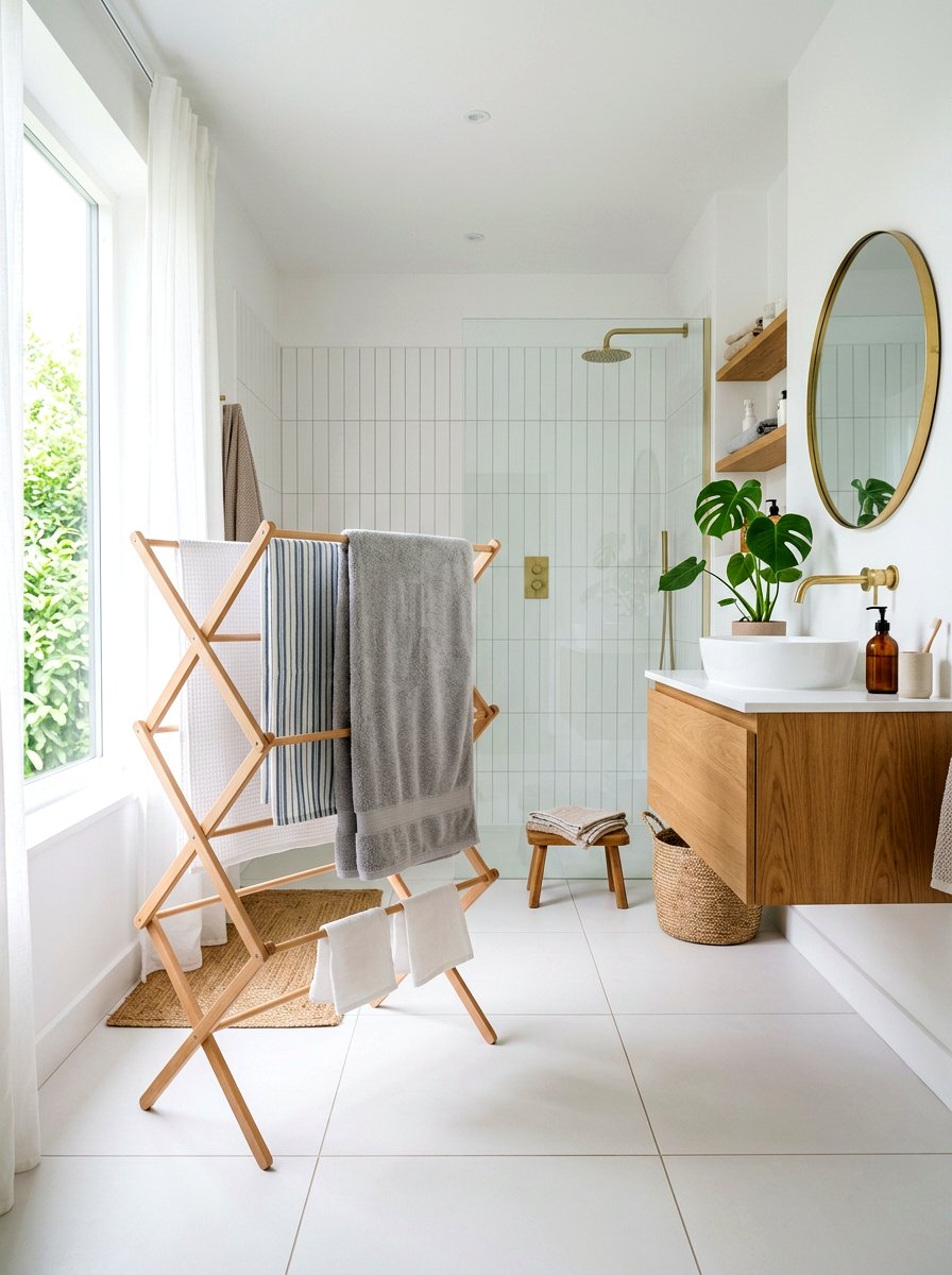 Folding wooden laundry rack - 30 renter safe bathroom shelf ideas