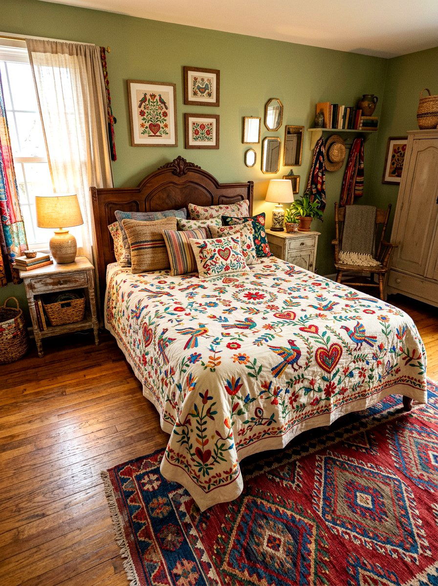 Folk art quilt - 30 embroidered bedding ideas