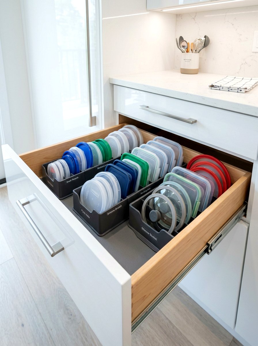 Food Container Lid Organizer - 30 kitchen drawer divider ideas