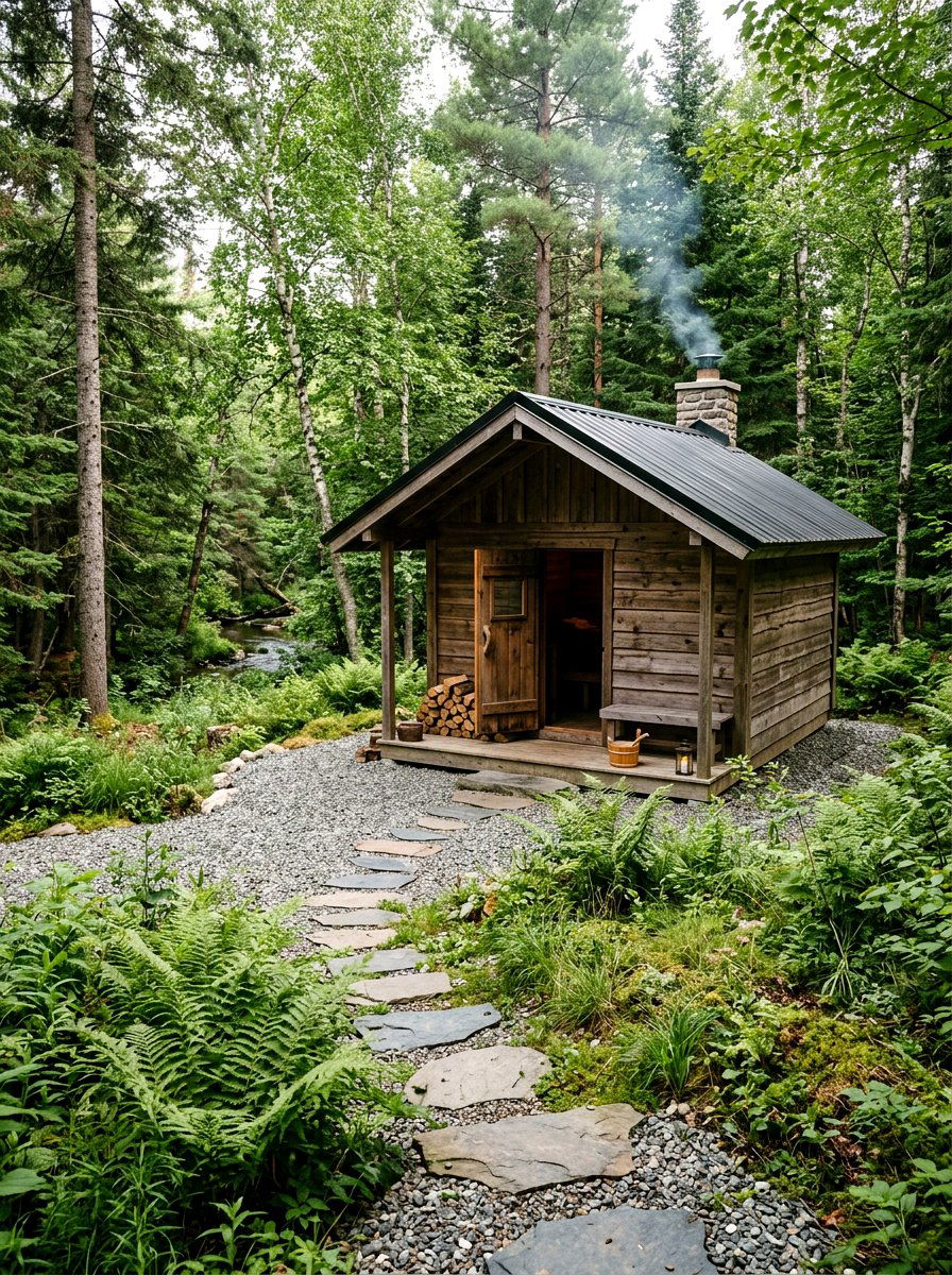 Forest Clearing Sauna Gravel - 30 sauna patio retreat ideas