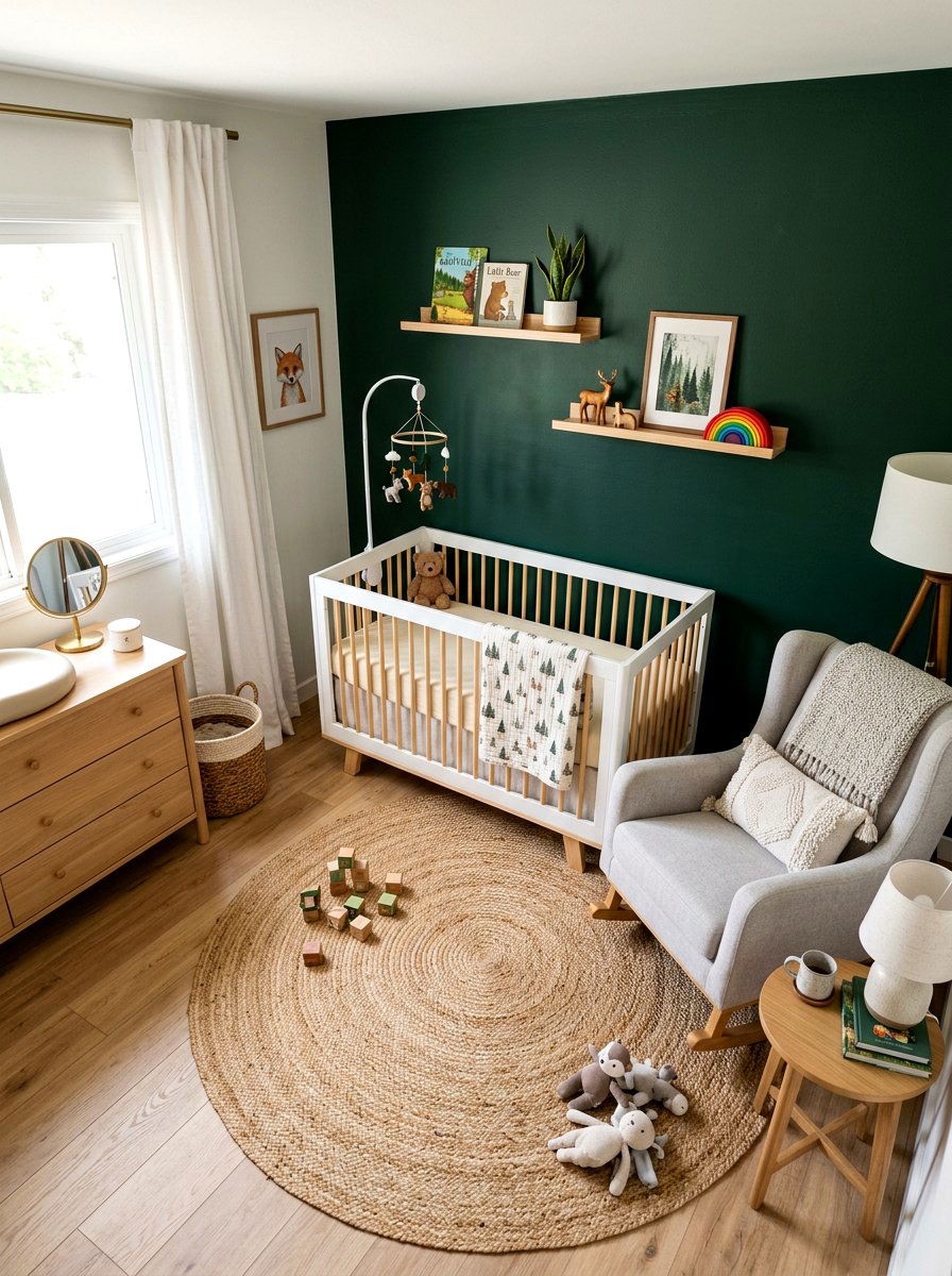 Forest Green Accent Wall - 30 woodland nursery ideas