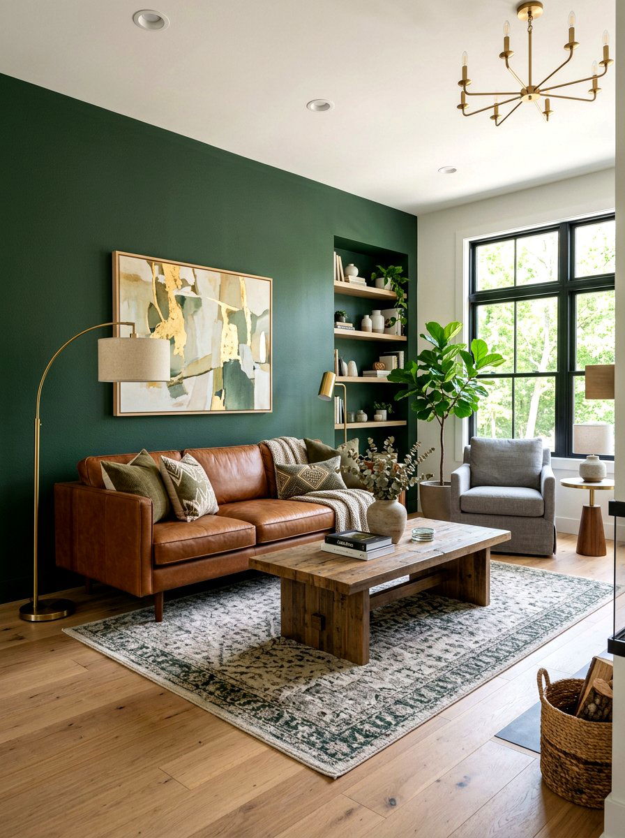 Forest Green Accent Wall With Brown Leather Sofa - 30 forest green and brown living room ideas