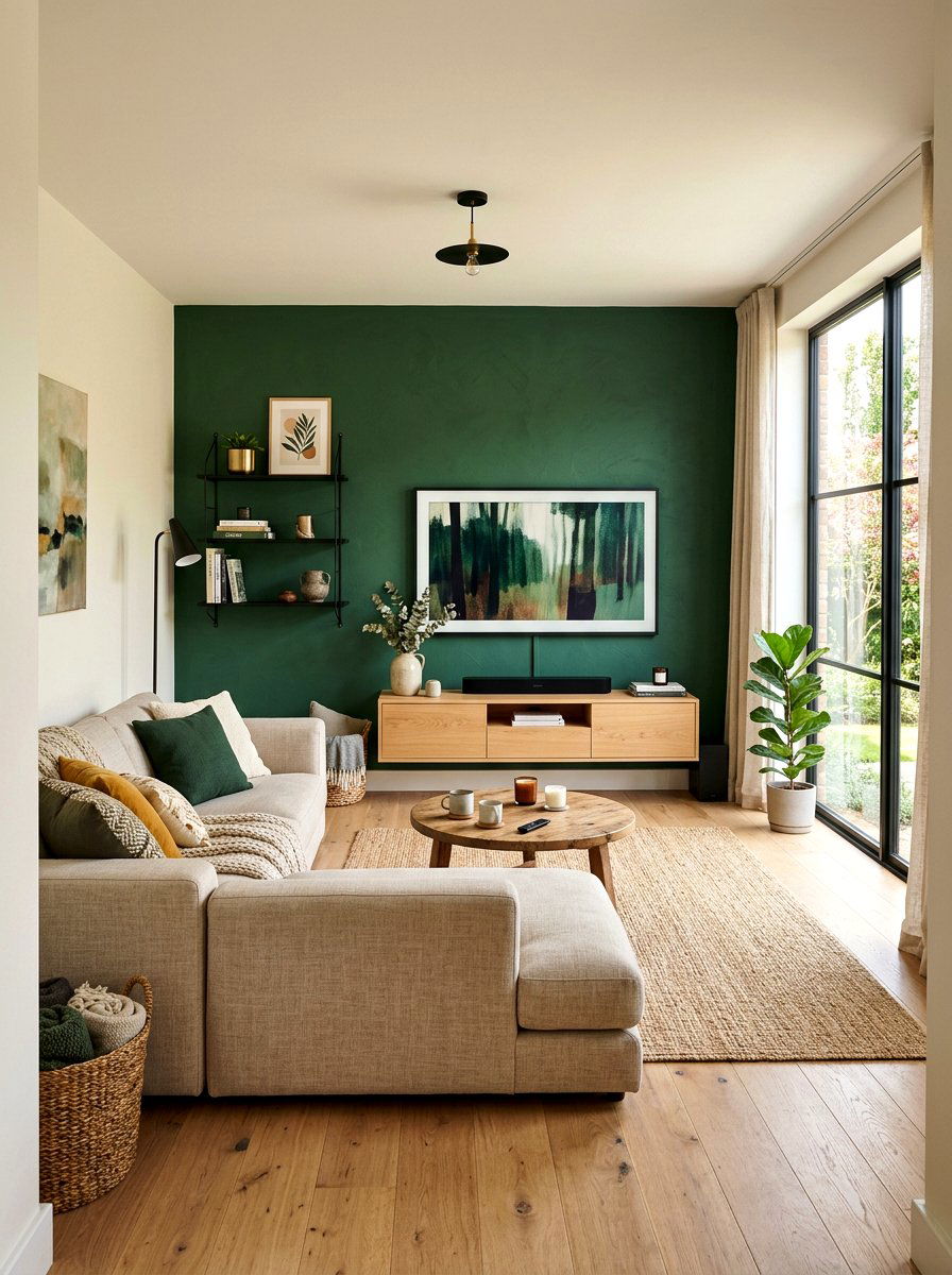 Forest Green Accent Wall - 30 dark green living room ideas