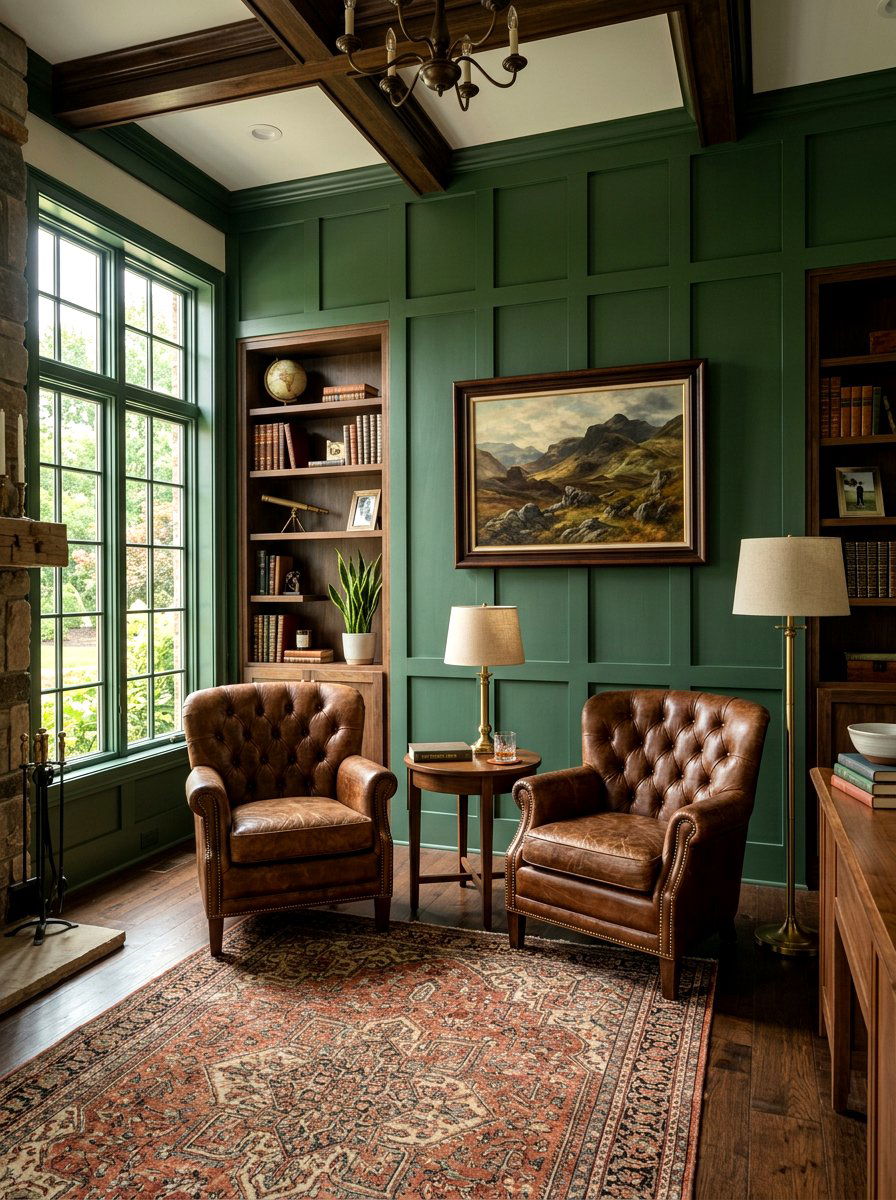 Forest Green Board And Batten With Leather Chairs - 30 forest green and brown living room ideas