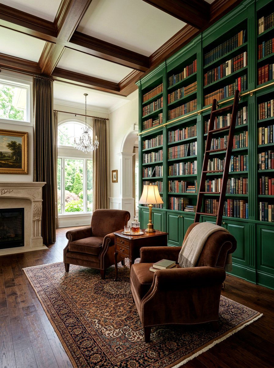 Forest Green Built In Bookshelves With Wooden Ladder - 30 forest green and brown living room ideas