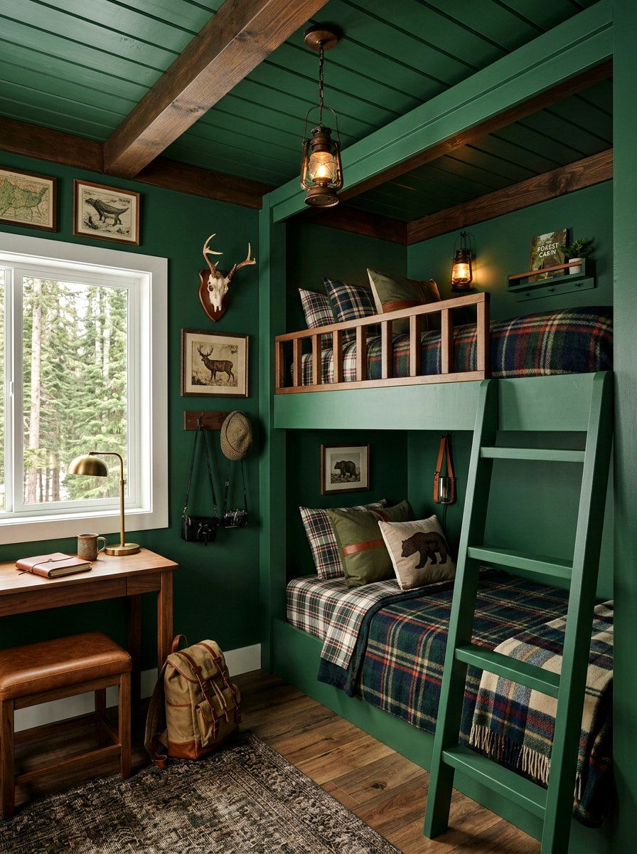 Forest Green Bunk Bed Room - 30 color drenched kids room ideas