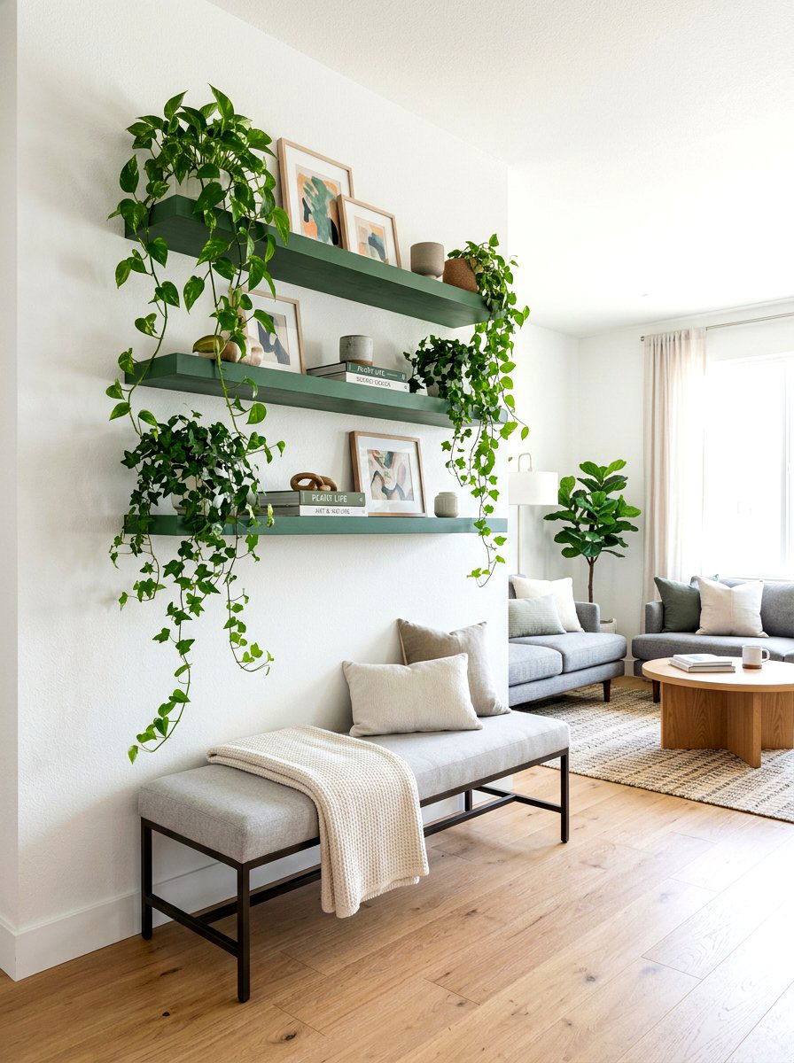 Forest Green Floating Shelves - 30 dark green living room ideas