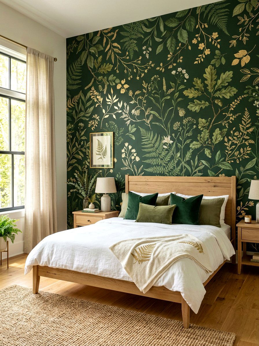Forest Green Floral Wall - 30 dark floral bedroom aesthetic ideas