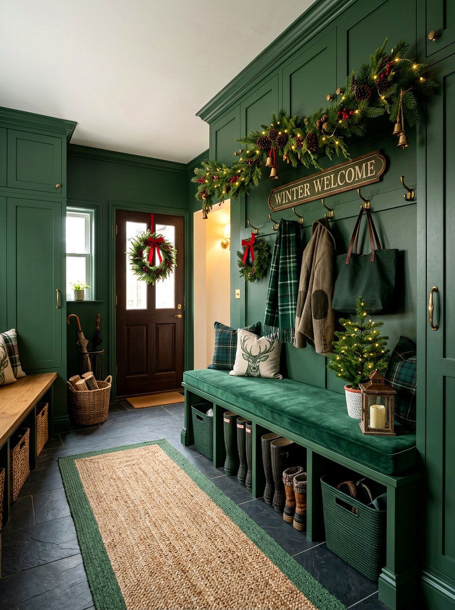 Forest Green Holiday Mudroom Setup - 30 jewel tone holiday decor ideas