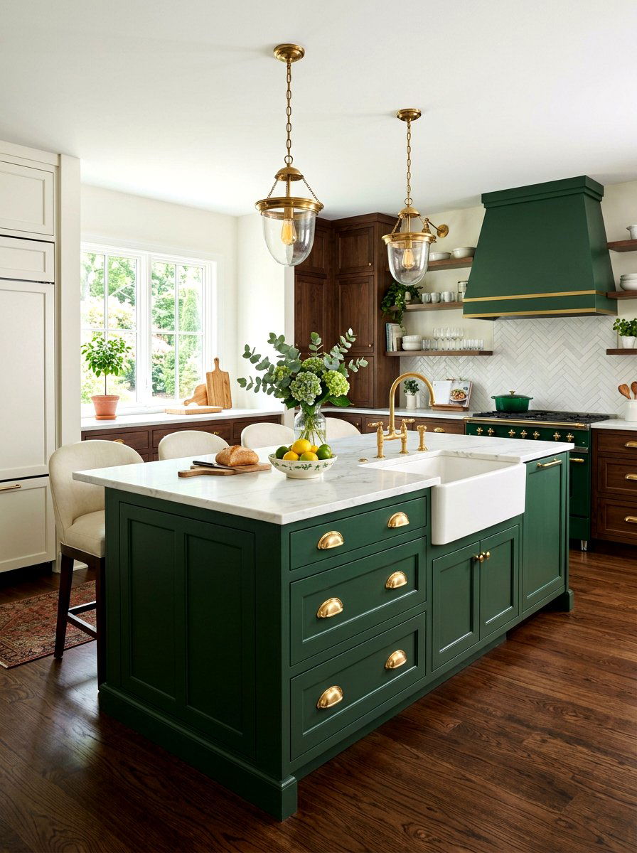 Forest Green Kitchen Island Brass Hardware - 30 dark green kitchen island ideas