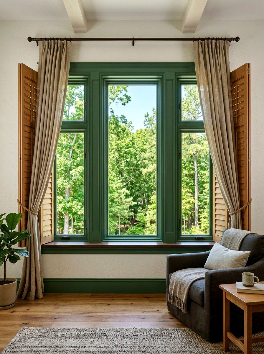 Forest Green Painted Window Frames With Wooden Shutters - 30 forest green and brown living room ideas