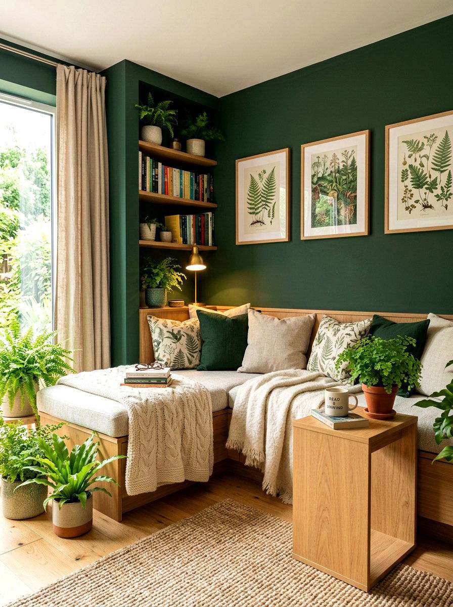 Forest Green Reading Nook - 30 moody reading room ideas
