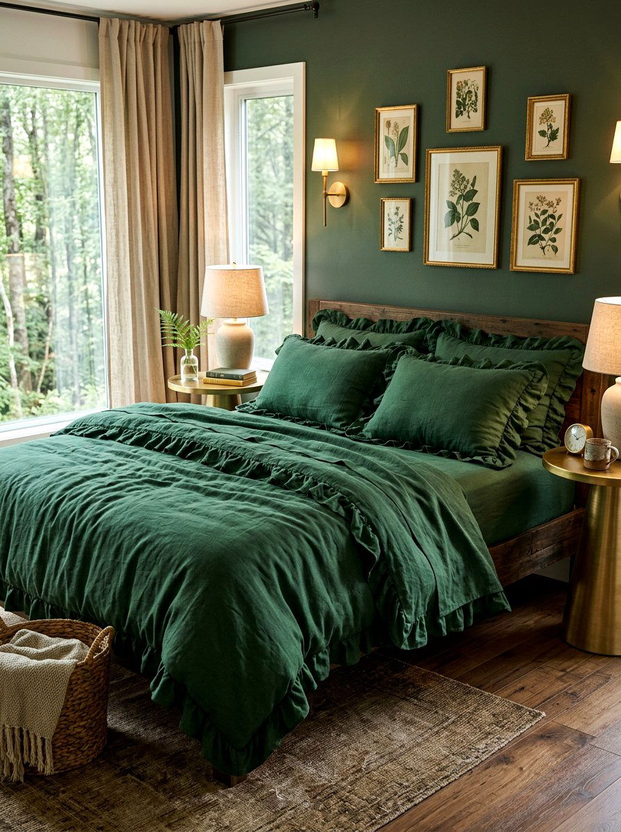 Forest Green Ruffled Linen Bedding - 30 ruffled linen bedding ideas