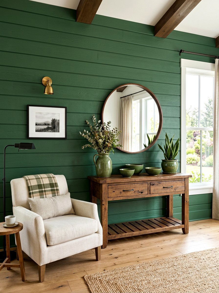 Forest Green Shiplap Wall With Rustic Brown Console - 30 forest green and brown living room ideas
