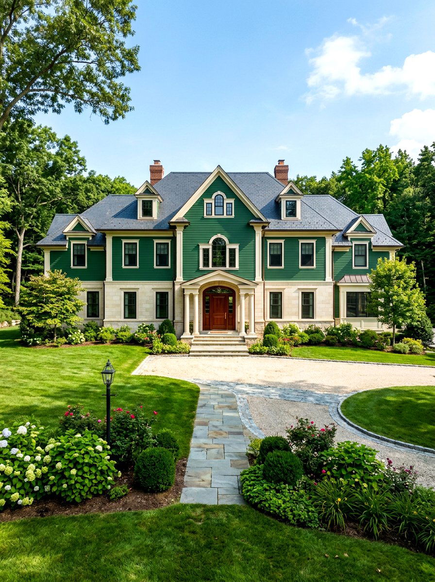 Forest Green Siding With Earthy Limestone Accents - 30 mixed siding exterior ideas