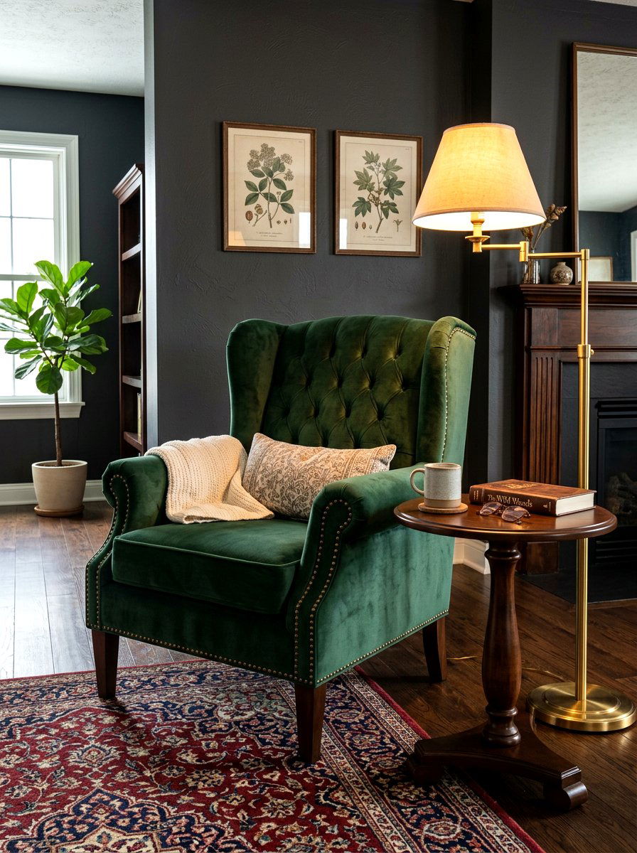 Forest Green Velvet Armchair - 30 moody reader nook ideas